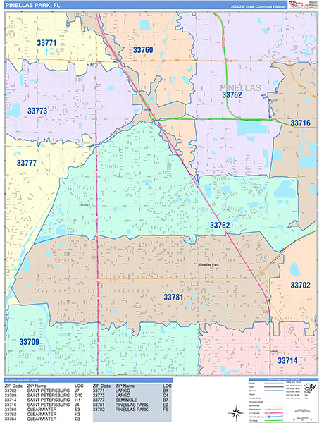 Pinellas Park City Wall Map Color Cast Style